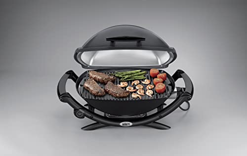 Weber Q2400 | Barbacoa Eléctrica Portátil con Soporte y Mesas Laterales, Parrilla Hierro Fundido, Tapa y Cuba de Aluminio, Área 54x39 cm, Gris Oscuro