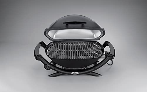 Weber Q2400 | Barbacoa Eléctrica Portátil con Soporte y Mesas Laterales, Parrilla Hierro Fundido, Tapa y Cuba de Aluminio, Área 54x39 cm, Gris Oscuro