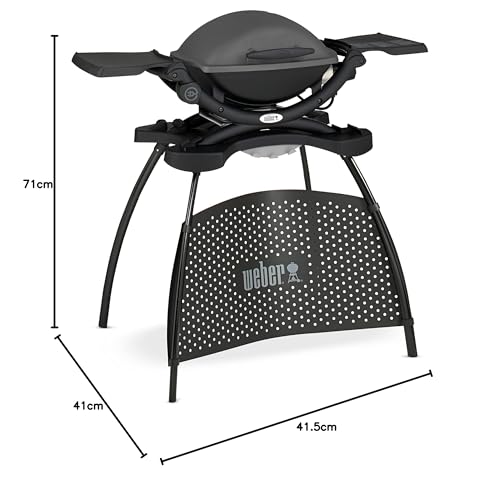 Weber Q1400 | Barbacoa Eléctrica Portátil con Soporte, Área 43x32 cm, Parrilla Hierro Fundido Dividida, Tapa y Cuba Aluminio, Gris Oscuro (52020853)