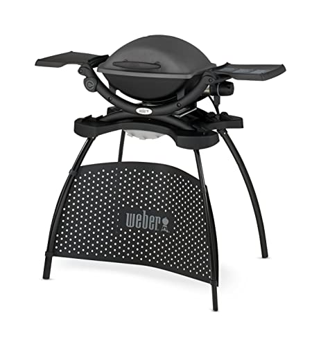 Weber Q1400 | Barbacoa Eléctrica Portátil con Soporte, Área 43x32 cm, Parrilla Hierro Fundido Dividida, Tapa y Cuba Aluminio, Gris Oscuro (52020853)