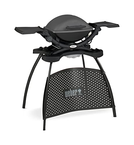 Weber Q1400 | Barbacoa Eléctrica Portátil con Soporte, Área 43x32 cm, Parrilla Hierro Fundido Dividida, Tapa y Cuba Aluminio, Gris Oscuro (52020853)