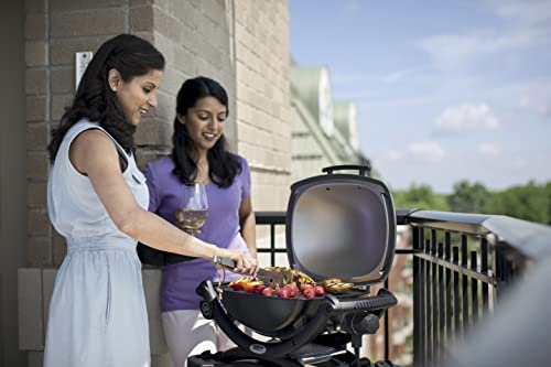 Weber Q1400 | Barbacoa Eléctrica Portátil con Soporte, Área 43x32 cm, Parrilla Hierro Fundido Dividida, Tapa y Cuba Aluminio, Gris Oscuro (52020853)