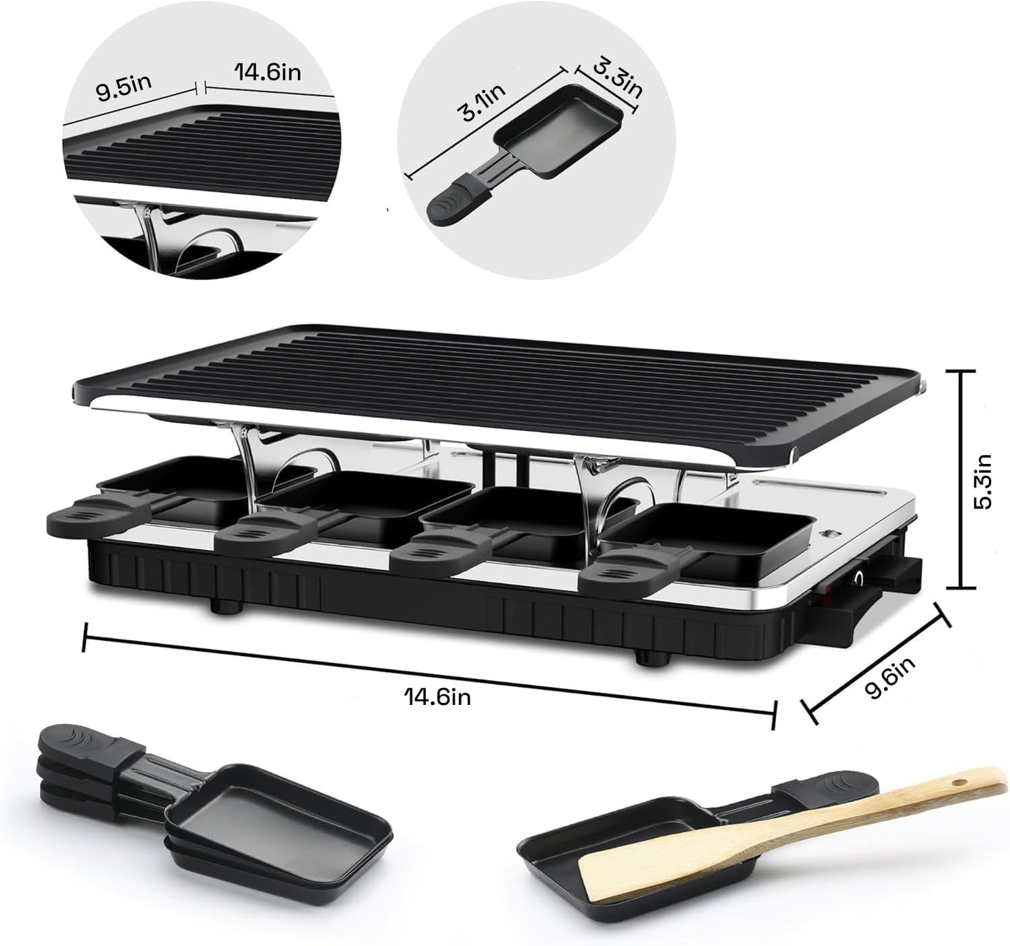 HBN Parrilla Eléctrica Raclette 2 en 1 | 8 Bandejas, Plancha Coreana Antiadherente, Control de Temperatura Ajustable, 1300 W, Ideal Reuniones