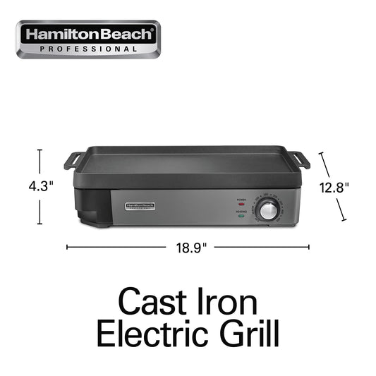 Hamilton Beach Professional | Parrilla Eléctrica Hierro Fundido 25,4x40,6 cm, Superficie Preestacionada, Temperatura Ajustable 232 °C, Negro (38560)