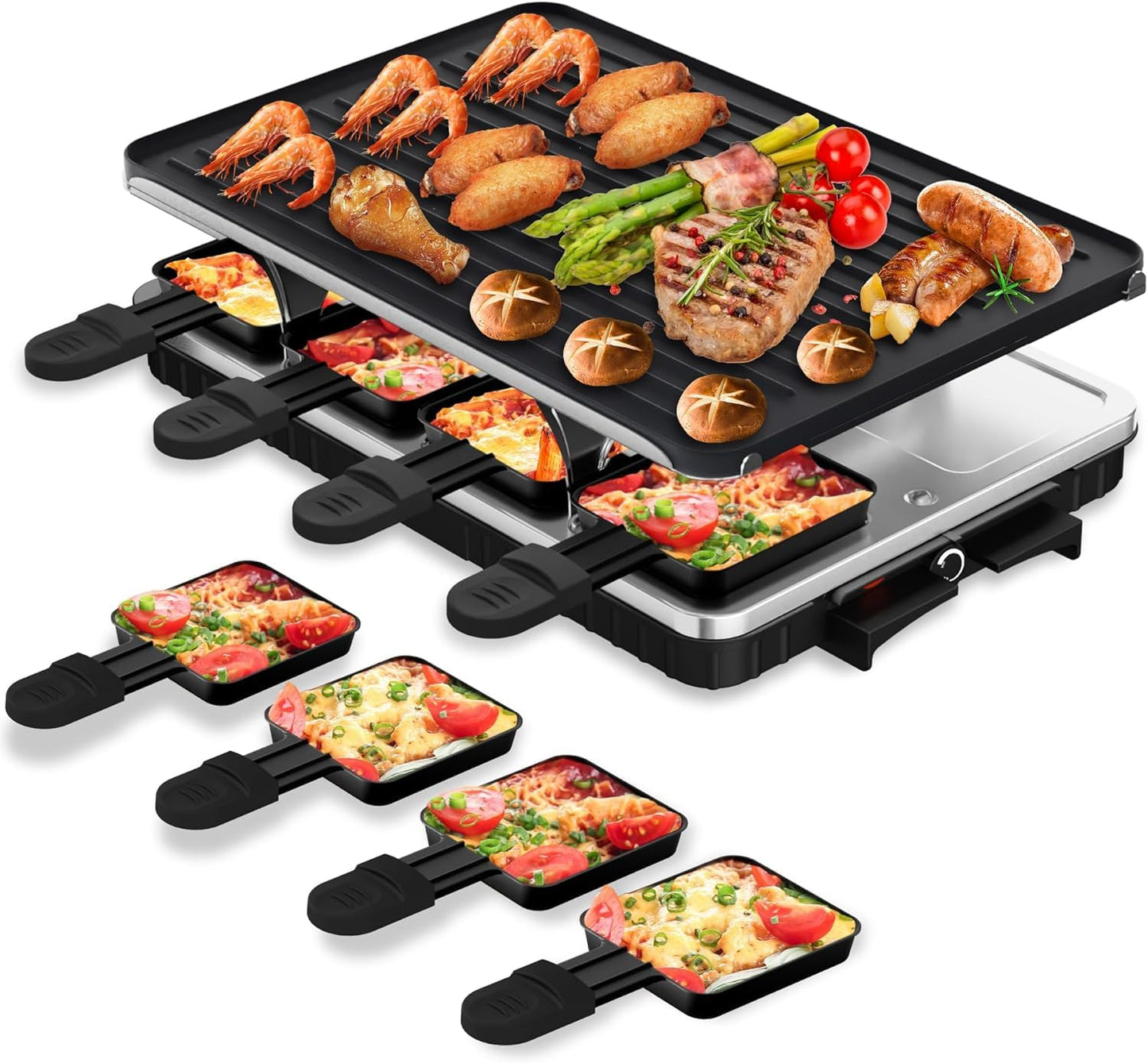HBN Parrilla Eléctrica Raclette 2 en 1 | 8 Bandejas, Plancha Coreana Antiadherente, Control de Temperatura Ajustable, 1300 W, Ideal Reuniones