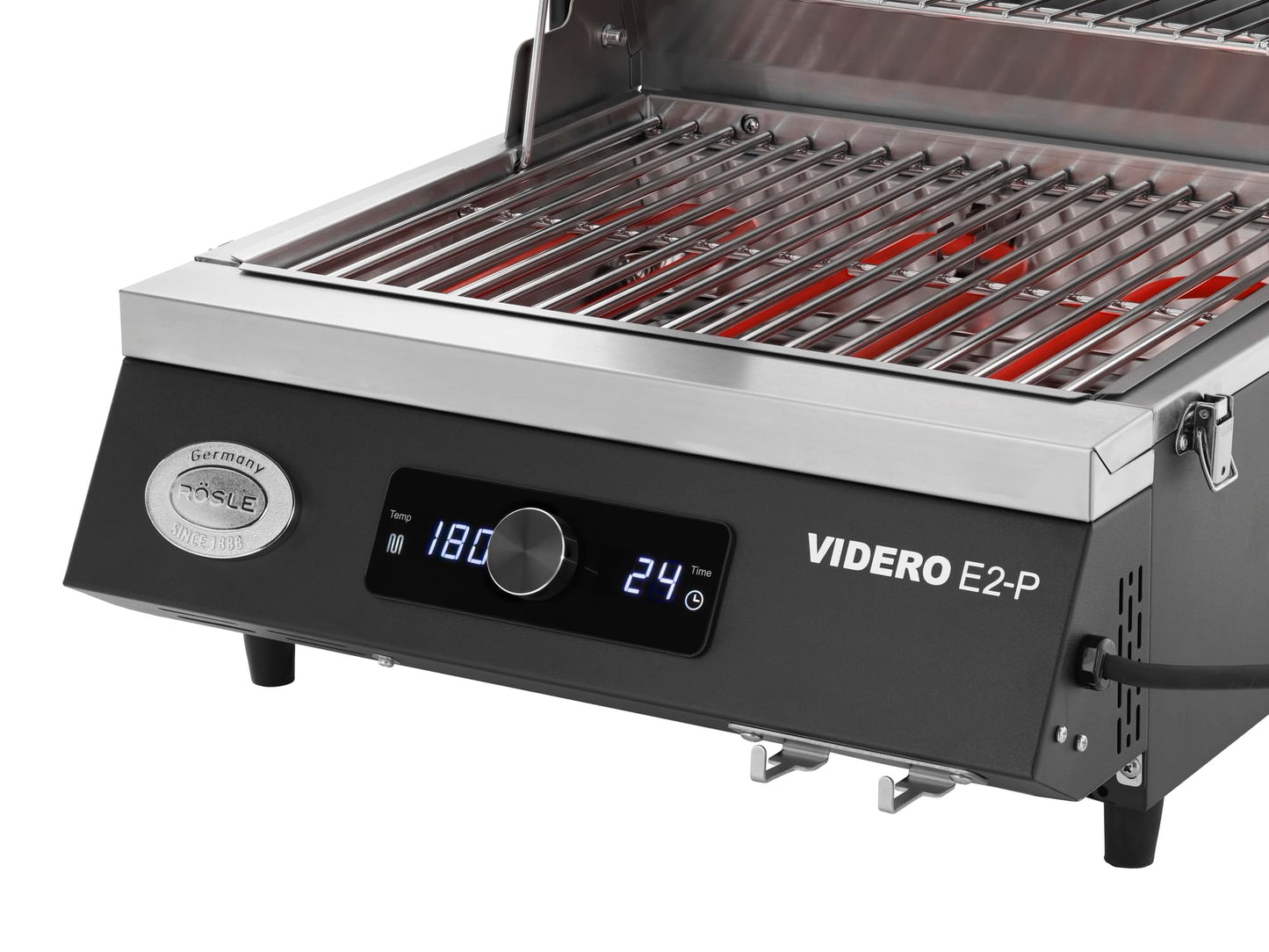 RÖSLE Videro E2-P | Barbacoa Eléctrica Portátil de Mesa, 2 Quemadores, Rejilla Calentamiento, Tapa Cristal, Acero Recubierto, Negro/Plata