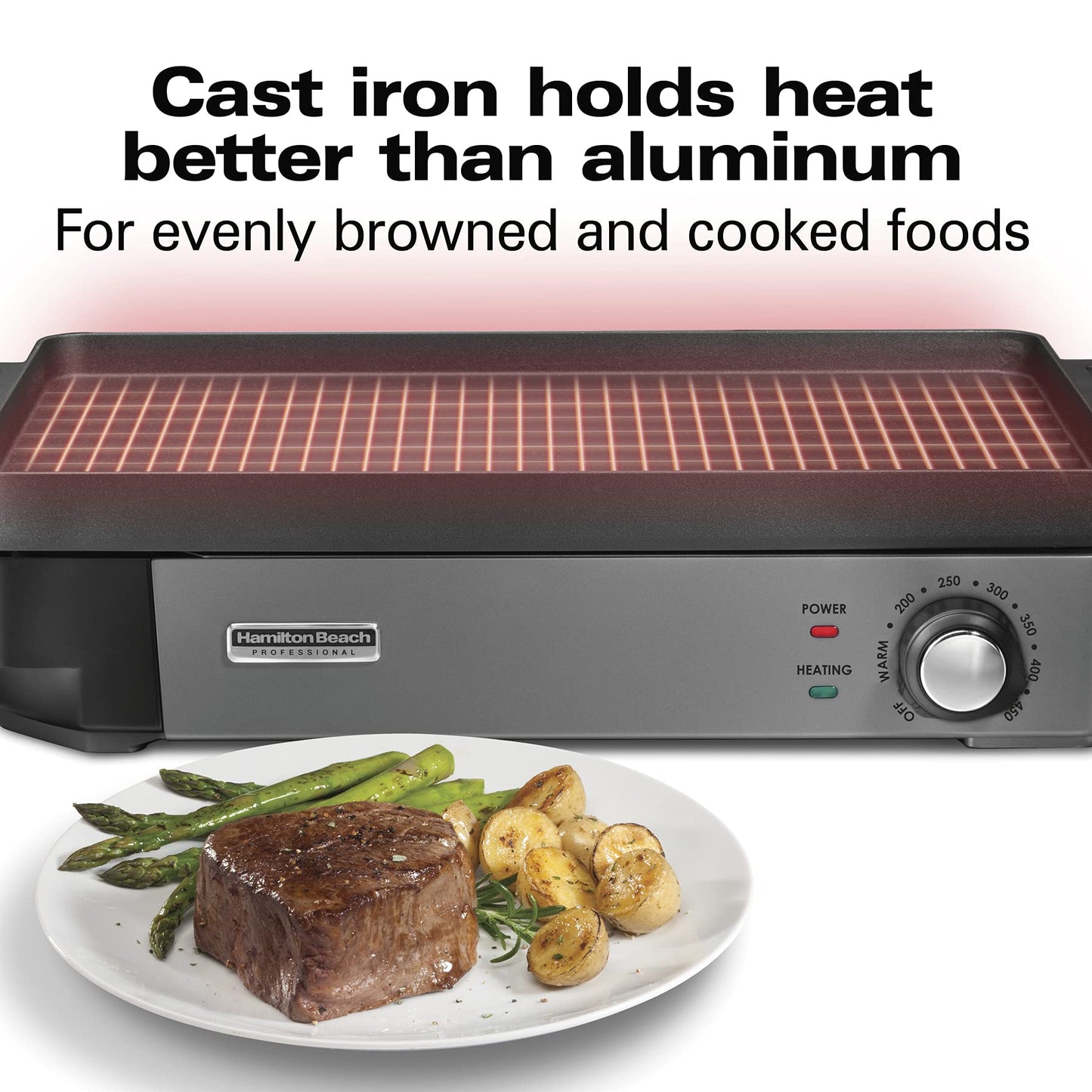 Hamilton Beach Professional | Parrilla Eléctrica Hierro Fundido 25,4x40,6 cm, Superficie Preestacionada, Temperatura Ajustable 232 °C, Negro (38560)