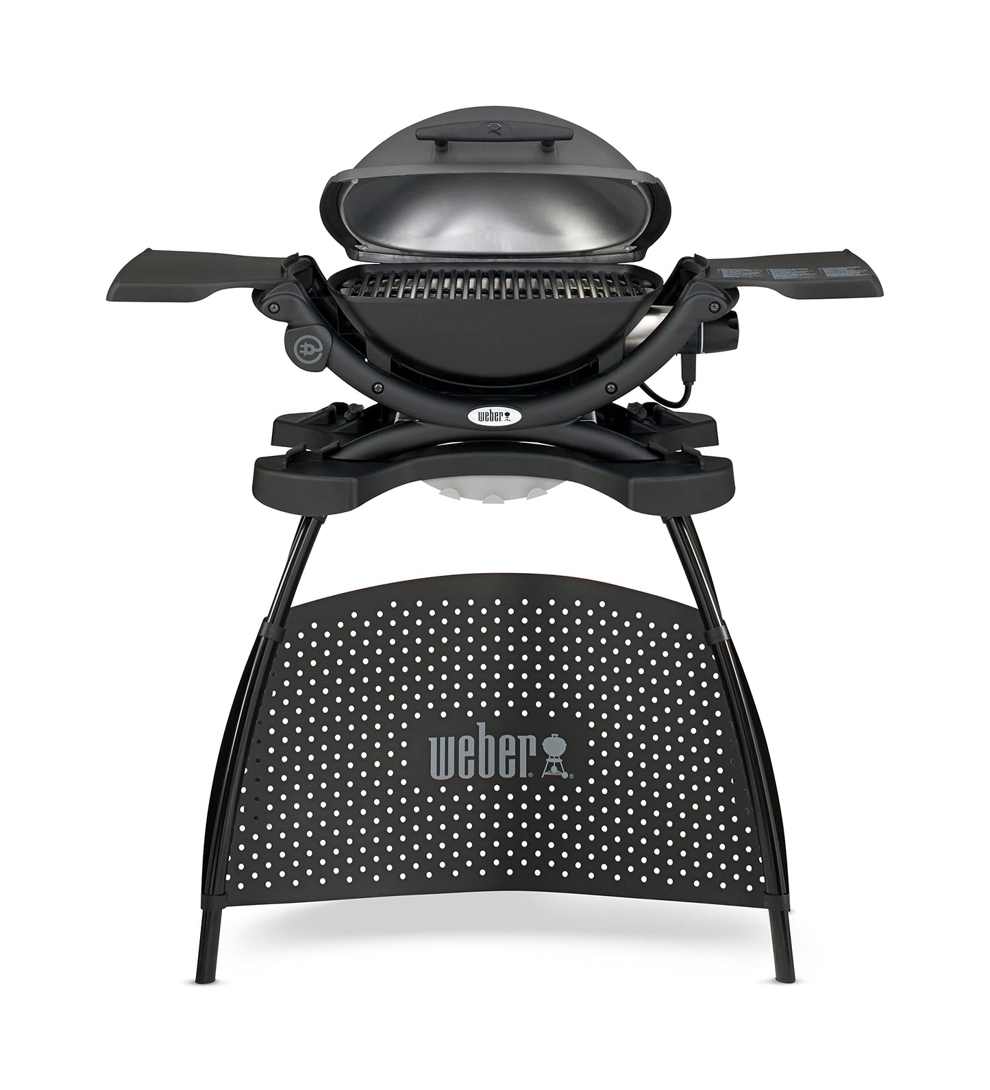 Weber Q1400 | Barbacoa Eléctrica Portátil con Soporte, Área 43x32 cm, Parrilla Hierro Fundido Dividida, Tapa y Cuba Aluminio, Gris Oscuro (52020853)