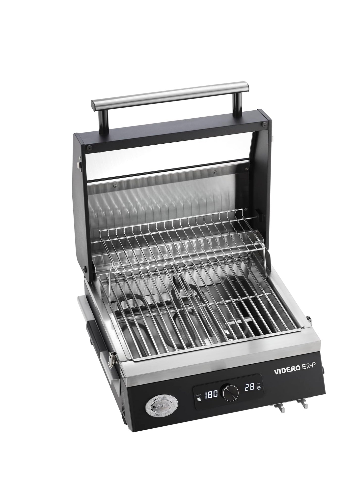 RÖSLE Videro E2-P | Barbacoa Eléctrica Portátil de Mesa, 2 Quemadores, Rejilla Calentamiento, Tapa Cristal, Acero Recubierto, Negro/Plata