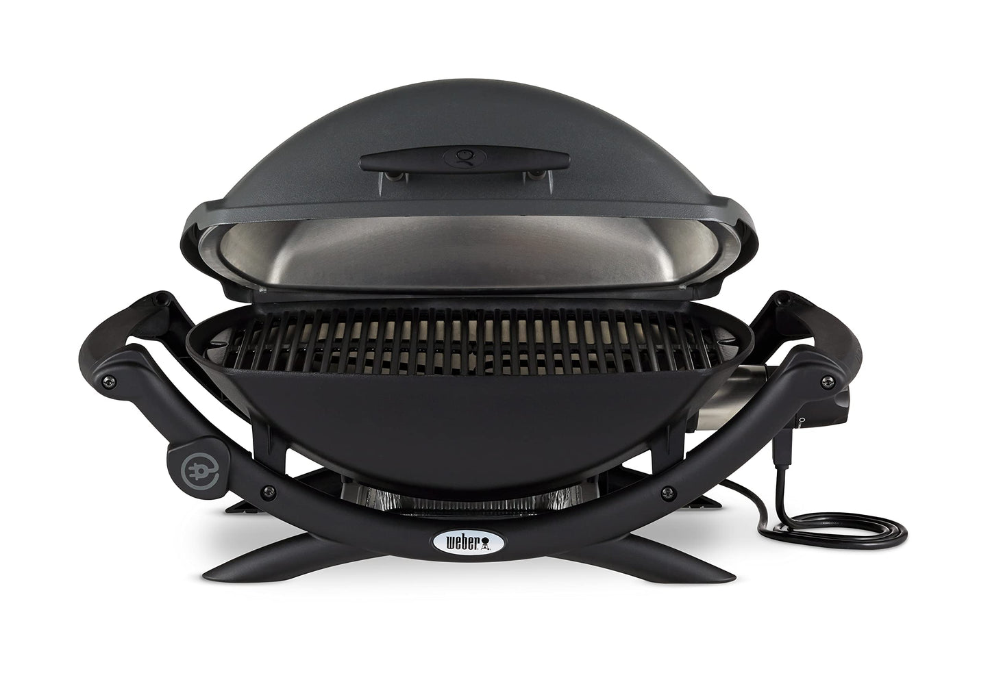 Weber Q2400 | Barbacoa Eléctrica Portátil con Soporte y Mesas Laterales, Parrilla Hierro Fundido, Tapa y Cuba de Aluminio, Área 54x39 cm, Gris Oscuro