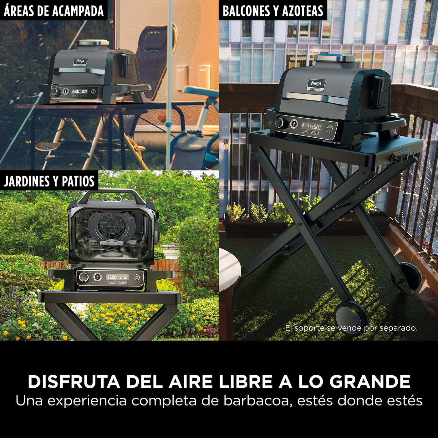 Ninja Woodfire OG701EU | Parrilla Eléctrica Exterior 7 en 1, Air Fry, Smoke, Roast, Bake, Antiadherente, Portátil, Gris/Negro
