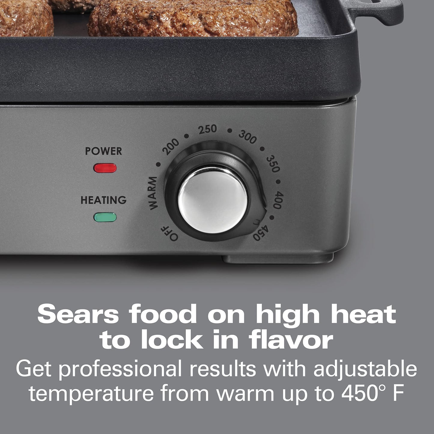 Hamilton Beach Professional | Parrilla Eléctrica Hierro Fundido 25,4x40,6 cm, Superficie Preestacionada, Temperatura Ajustable 232 °C, Negro (38560)