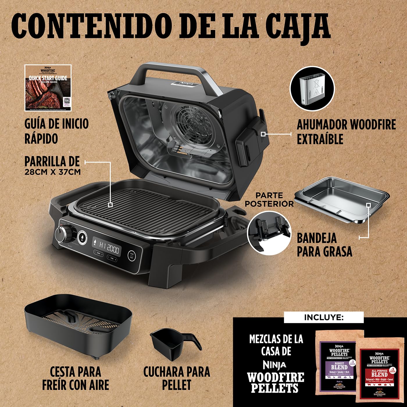 Ninja Woodfire OG701EU | Parrilla Eléctrica Exterior 7 en 1, Air Fry, Smoke, Roast, Bake, Antiadherente, Portátil, Gris/Negro