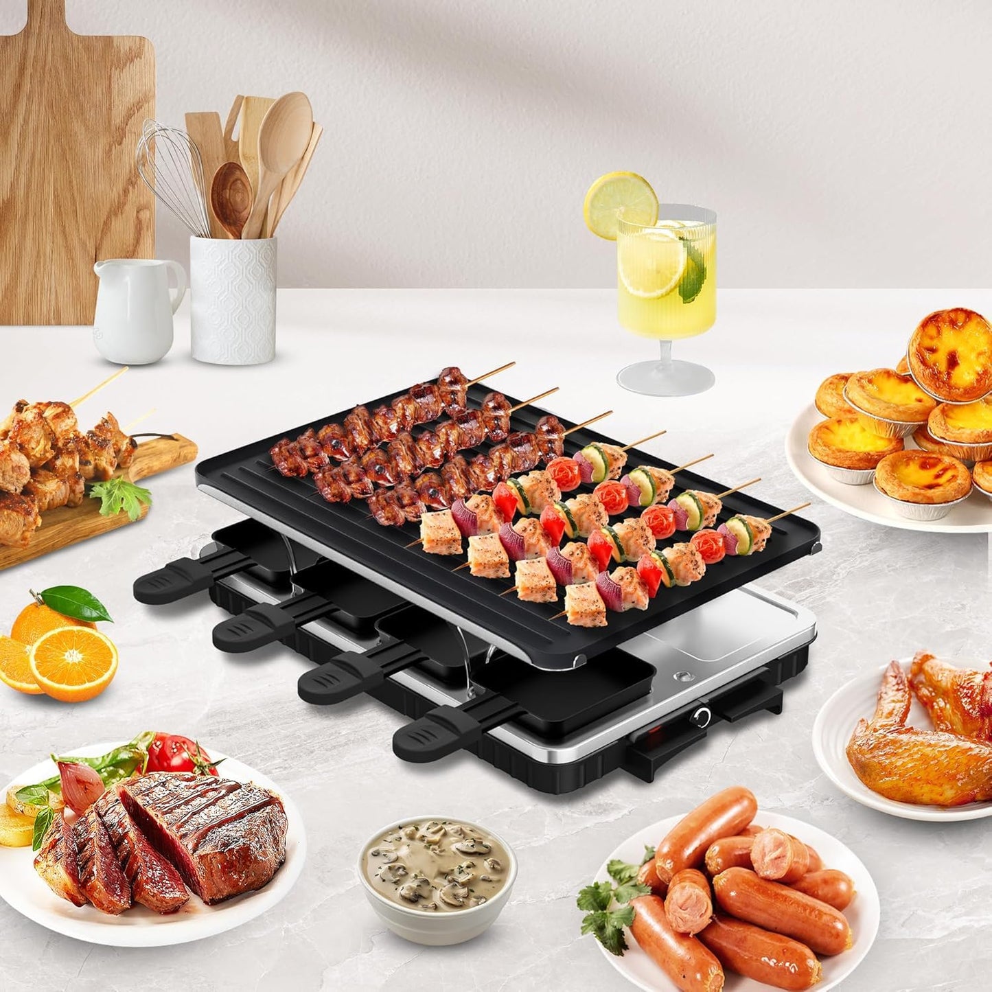 HBN Parrilla Eléctrica Raclette 2 en 1 | 8 Bandejas, Plancha Coreana Antiadherente, Control de Temperatura Ajustable, 1300 W, Ideal Reuniones