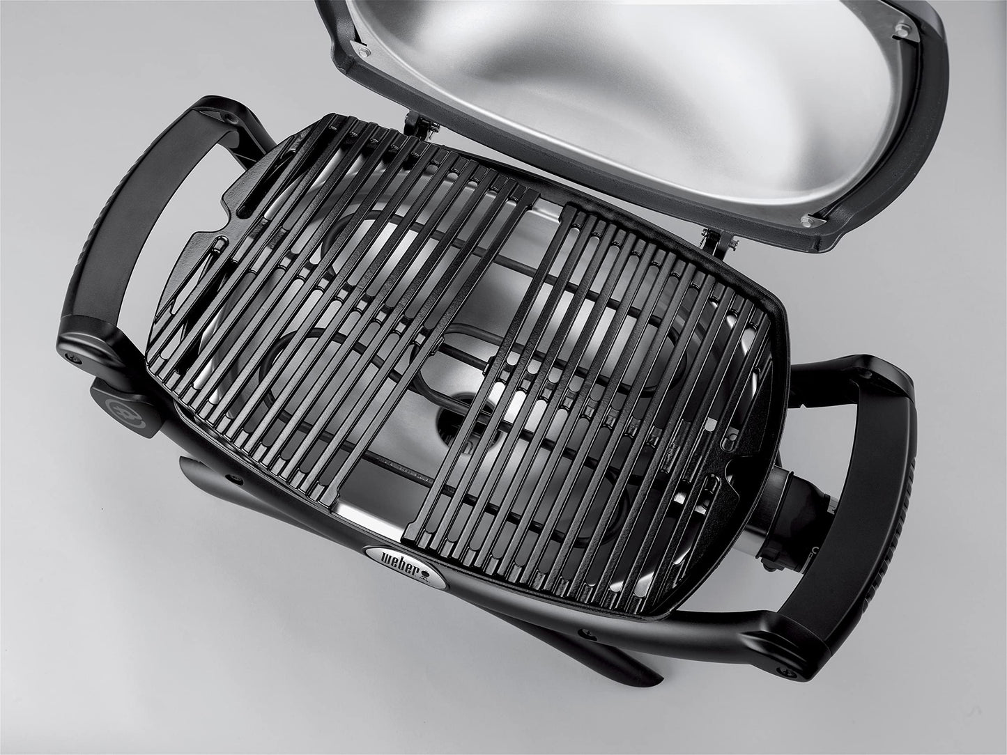 Weber Q1400 | Barbacoa Eléctrica Portátil con Soporte, Área 43x32 cm, Parrilla Hierro Fundido Dividida, Tapa y Cuba Aluminio, Gris Oscuro (52020853)