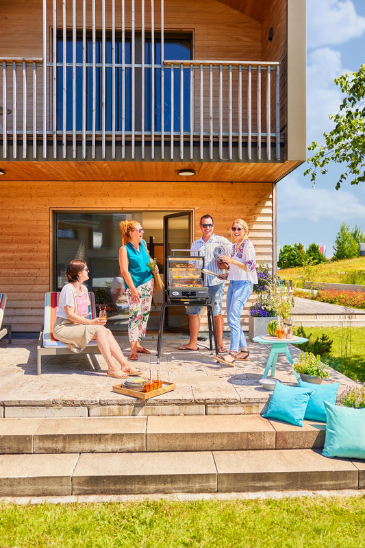 RÖSLE Videro E2-P | Barbacoa Eléctrica Portátil de Mesa, 2 Quemadores, Rejilla Calentamiento, Tapa Cristal, Acero Recubierto, Negro/Plata