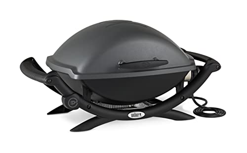 Weber Q2400 | Barbacoa Eléctrica Portátil con Soporte y Mesas Laterales, Parrilla Hierro Fundido, Tapa y Cuba de Aluminio, Área 54x39 cm, Gris Oscuro