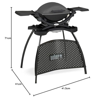 Weber Q1400 | Barbacoa Eléctrica Portátil con Soporte, Área 43x32 cm, Parrilla Hierro Fundido Dividida, Tapa y Cuba Aluminio, Gris Oscuro (52020853)