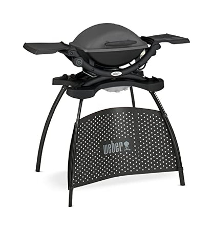 Weber Q1400 | Barbacoa Eléctrica Portátil con Soporte, Área 43x32 cm, Parrilla Hierro Fundido Dividida, Tapa y Cuba Aluminio, Gris Oscuro (52020853)