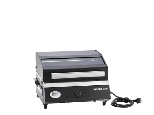 RÖSLE Videro E2-P | Barbacoa Eléctrica Portátil de Mesa, 2 Quemadores, Rejilla Calentamiento, Tapa Cristal, Acero Recubierto, Negro/Plata