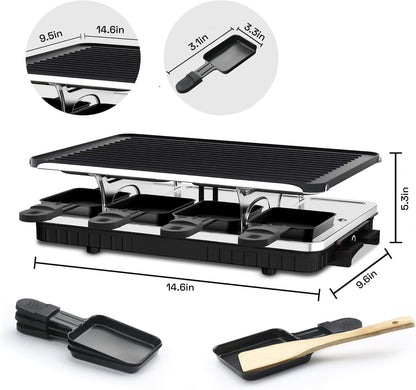 HBN Parrilla Eléctrica Raclette 2 en 1 | 8 Bandejas, Plancha Coreana Antiadherente, Control de Temperatura Ajustable, 1300 W, Ideal Reuniones
