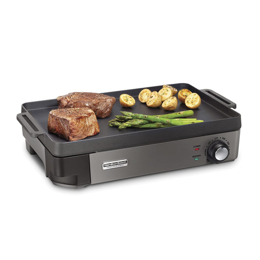Hamilton Beach Professional | Parrilla Eléctrica Hierro Fundido 25,4x40,6 cm, Superficie Preestacionada, Temperatura Ajustable 232 °C, Negro (38560)