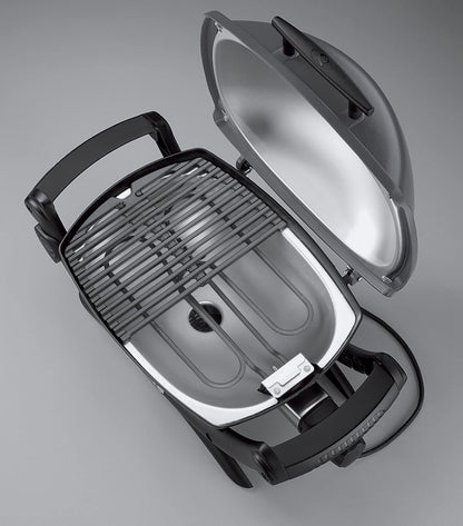 Weber Q1400 | Barbacoa Eléctrica Portátil con Soporte, Área 43x32 cm, Parrilla Hierro Fundido Dividida, Tapa y Cuba Aluminio, Gris Oscuro (52020853)