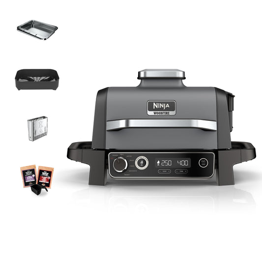 Ninja Woodfire OG701EU | Parrilla Eléctrica Exterior 7 en 1, Air Fry, Smoke, Roast, Bake, Antiadherente, Portátil, Gris/Negro