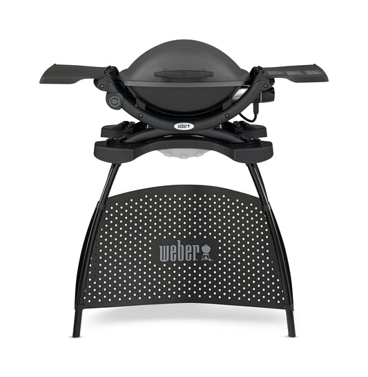 Weber Q1400 | Barbacoa Eléctrica Portátil con Soporte, Área 43x32 cm, Parrilla Hierro Fundido Dividida, Tapa y Cuba Aluminio, Gris Oscuro (52020853)