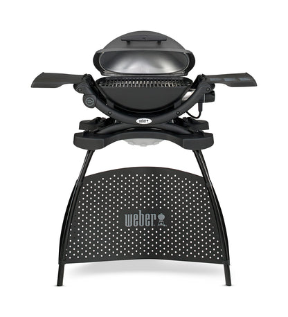 Weber Q1400 | Barbacoa Eléctrica Portátil con Soporte, Área 43x32 cm, Parrilla Hierro Fundido Dividida, Tapa y Cuba Aluminio, Gris Oscuro (52020853)