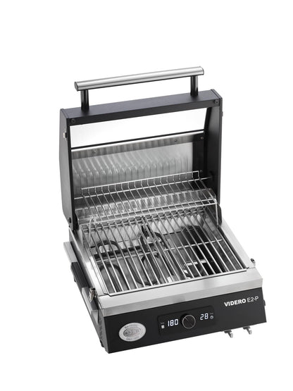 RÖSLE Videro E2-P | Barbacoa Eléctrica Portátil de Mesa, 2 Quemadores, Rejilla Calentamiento, Tapa Cristal, Acero Recubierto, Negro/Plata