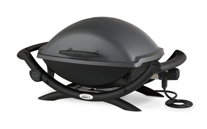 Weber Q2400 | Barbacoa Eléctrica Portátil con Soporte y Mesas Laterales, Parrilla Hierro Fundido, Tapa y Cuba de Aluminio, Área 54x39 cm, Gris Oscuro