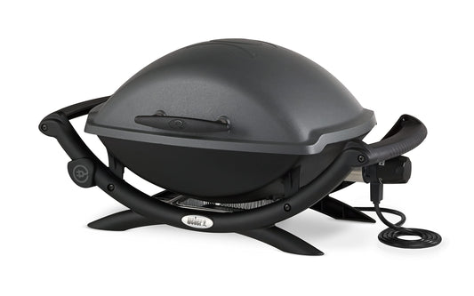 Weber Q2400 | Barbacoa Eléctrica Portátil con Soporte y Mesas Laterales, Parrilla Hierro Fundido, Tapa y Cuba de Aluminio, Área 54x39 cm, Gris Oscuro