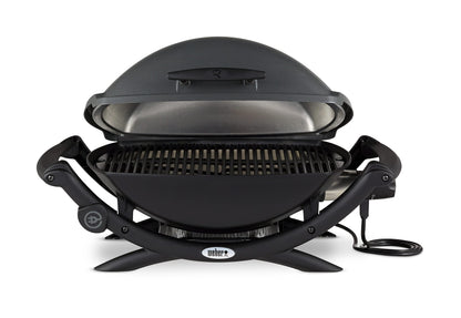 Weber Q2400 | Barbacoa Eléctrica Portátil con Soporte y Mesas Laterales, Parrilla Hierro Fundido, Tapa y Cuba de Aluminio, Área 54x39 cm, Gris Oscuro
