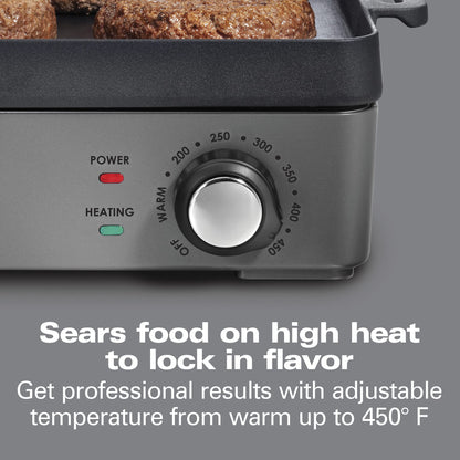 Hamilton Beach Professional | Parrilla Eléctrica Hierro Fundido 25,4x40,6 cm, Superficie Preestacionada, Temperatura Ajustable 232 °C, Negro (38560)