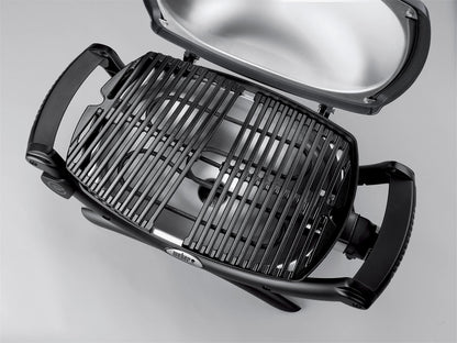 Weber Q1400 | Barbacoa Eléctrica Portátil con Soporte, Área 43x32 cm, Parrilla Hierro Fundido Dividida, Tapa y Cuba Aluminio, Gris Oscuro (52020853)